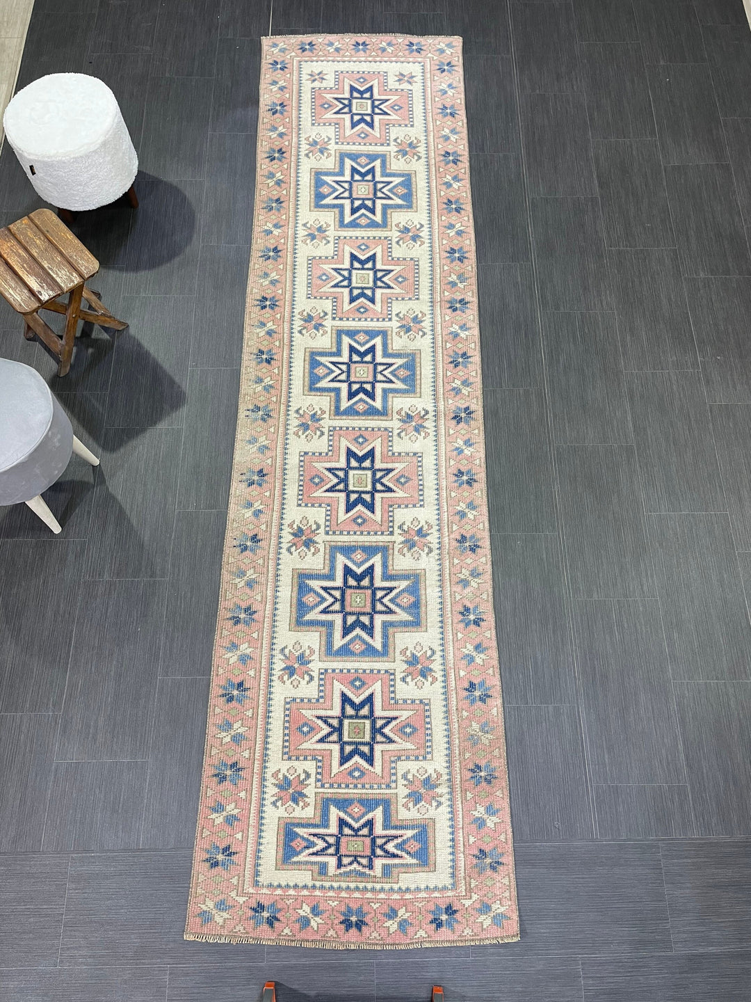 Beige Turkish Distressed Runner Rug 2' 7" x 10' 4" Hand-Knotted | No. WR66301