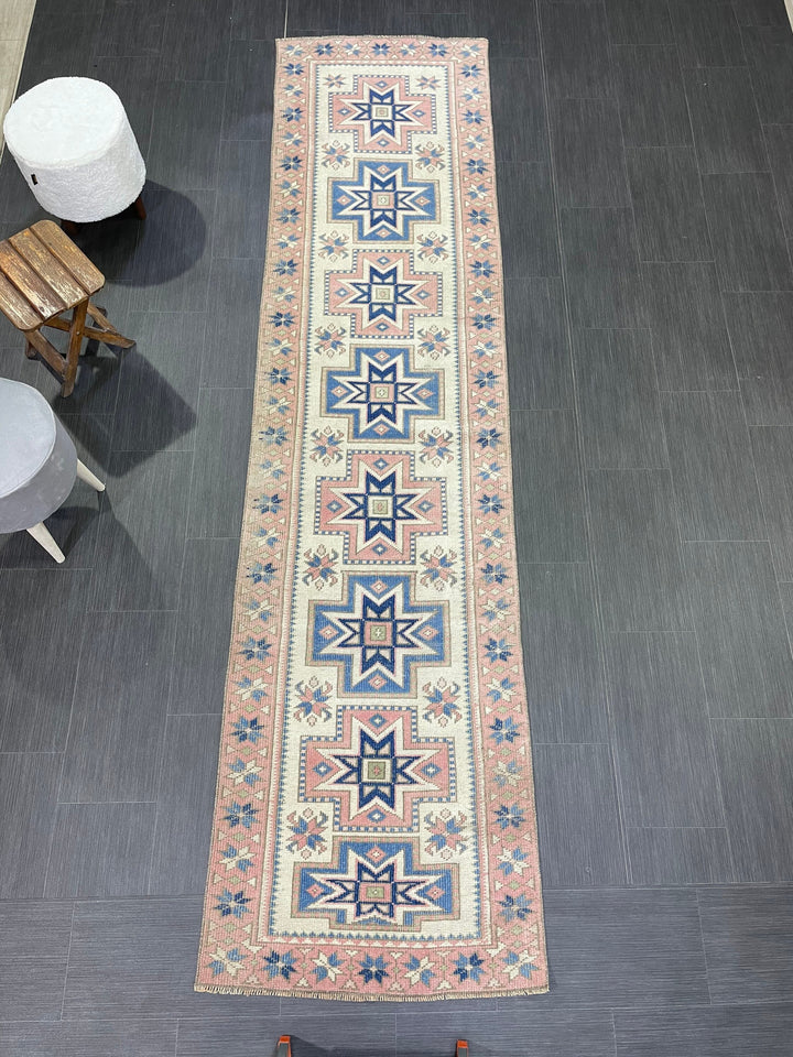 Beige Turkish Distressed Runner Rug 2' 7" x 10' 4" Hand-Knotted | No. WR66301