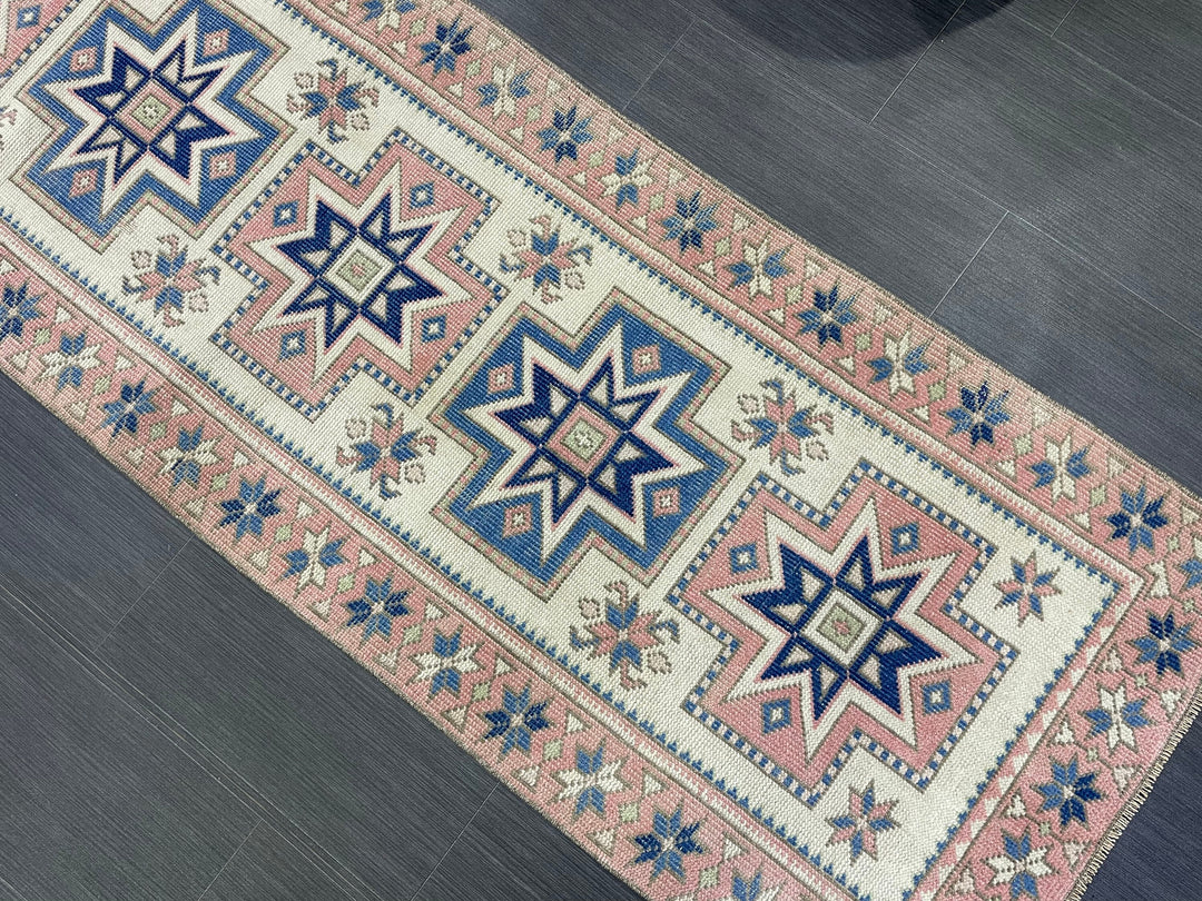 Beige Turkish Distressed Runner Rug 2' 7" x 10' 4" Hand-Knotted | No. WR66301