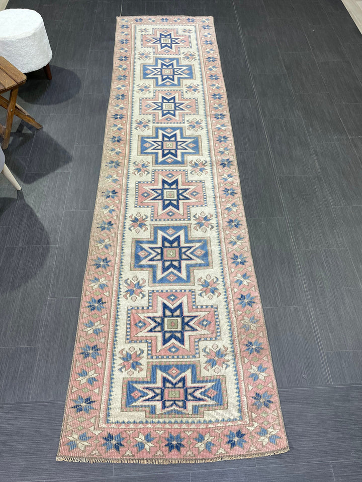 Beige Turkish Distressed Runner Rug 2' 7" x 10' 4" Hand-Knotted | No. WR66301