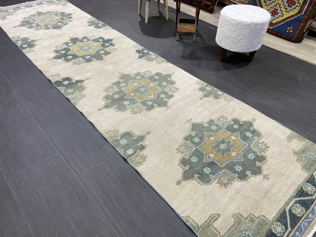 Green Turkish Runner Rug 2' 9" x 11' 1" Hand-Knotted | No. WR31107