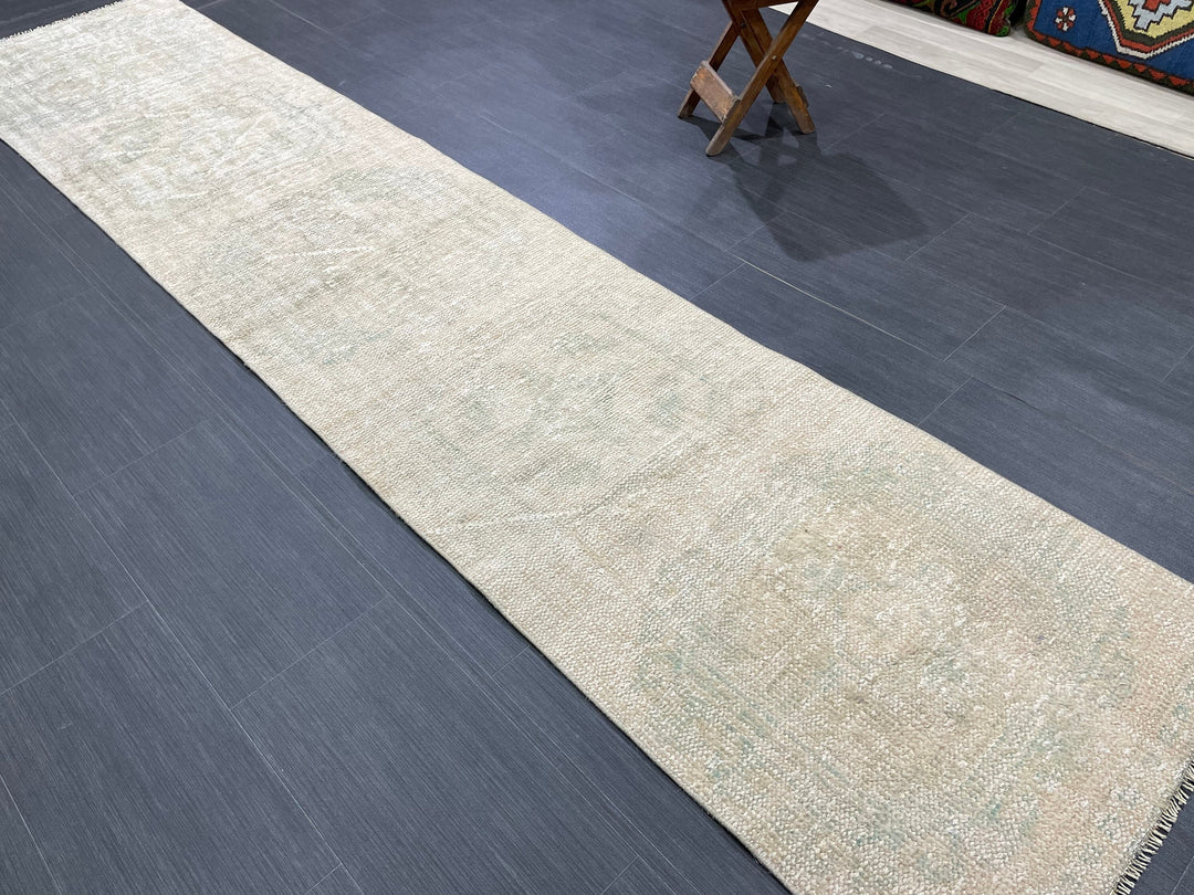 Beige Turkish Runner Rug 2' 4" x 10' 7" Hand-Knotted