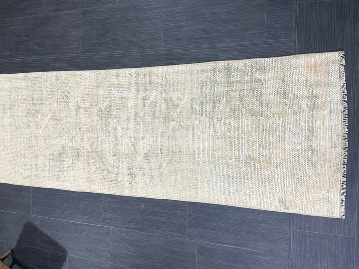 Beige Turkish Runner Rug 2' 4" x 10' 7" Hand-Knotted close-up