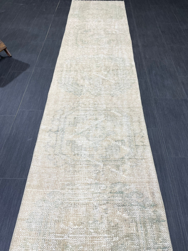 Beige Turkish Runner Rug 2' 4" x 10' 7" Hand-Knotted reverse