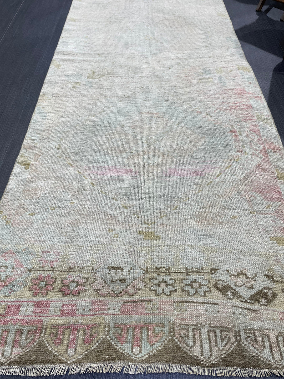 Beige Turkish Runner Rug 3' 1" x 12' 6" Hand-Knotted border