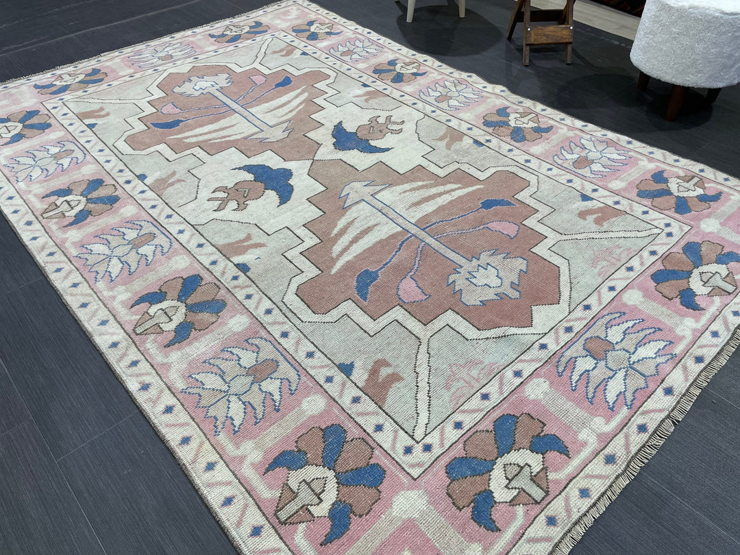 Pink Turkish Oushak Rug 5' 2" x 7' 7" Hand-Knotted