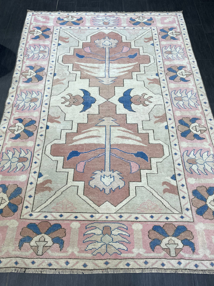 Pink Turkish Oushak Rug 5' 2" x 7' 7" Hand-Knotted reverse