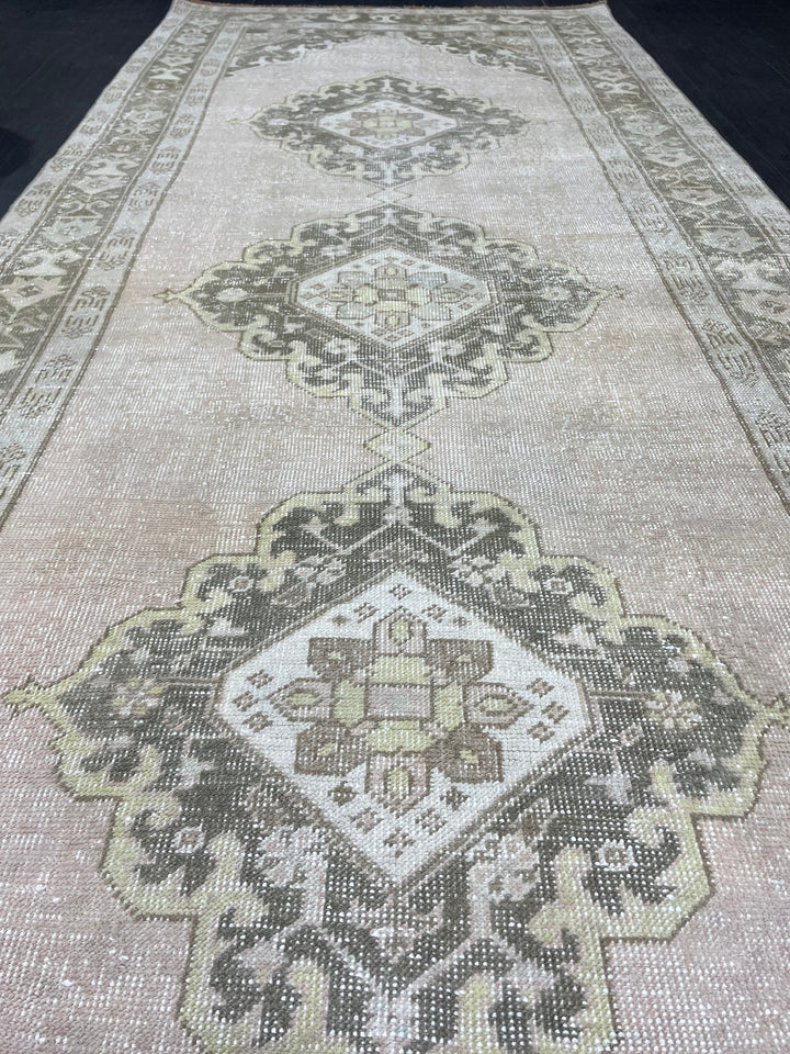 Beige Turkish Runner Rug 4' 6" x 11' 5" Hand-Knotted close-up