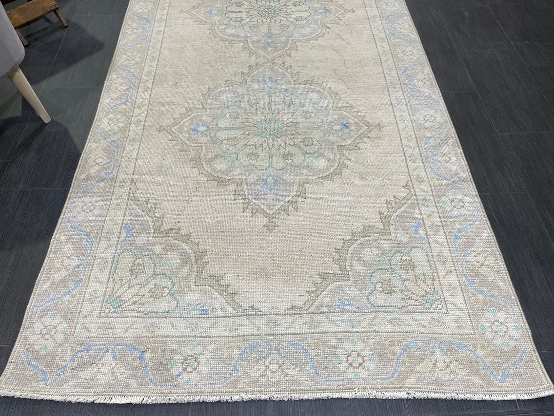 Beige Turkish Runner Rug 4' 3" x 10' 9" Hand-Knotted field