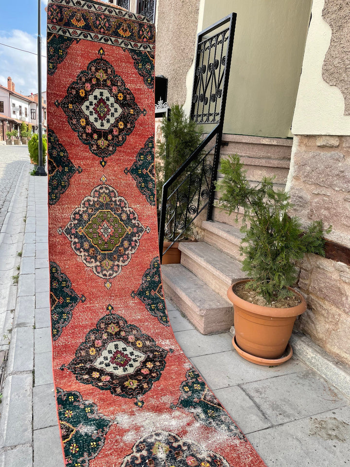 Beige Turkish Distressed Runner Rug 2' 5" x 16' 4" Hand-Knotted | No. WR69698