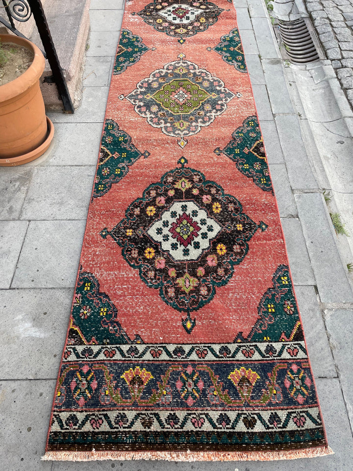 Beige Turkish Distressed Runner Rug 2' 5" x 16' 4" Hand-Knotted | No. WR69698