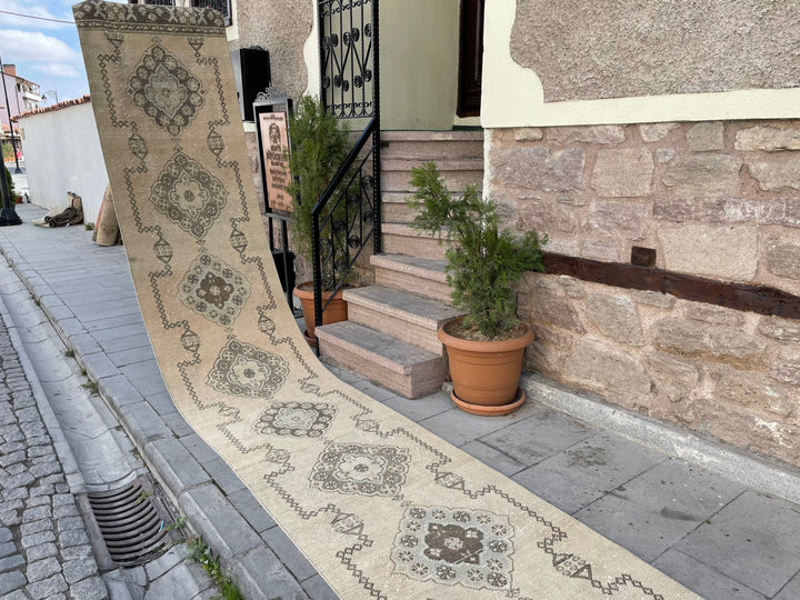 Beige Turkish Runner Rug 2' 9" x 18' 7" Hand-Knotted close-up