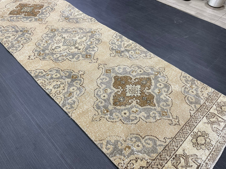 Beige Turkish Runner Rug 2' 9" x 13' 2" Hand-Knotted close-up