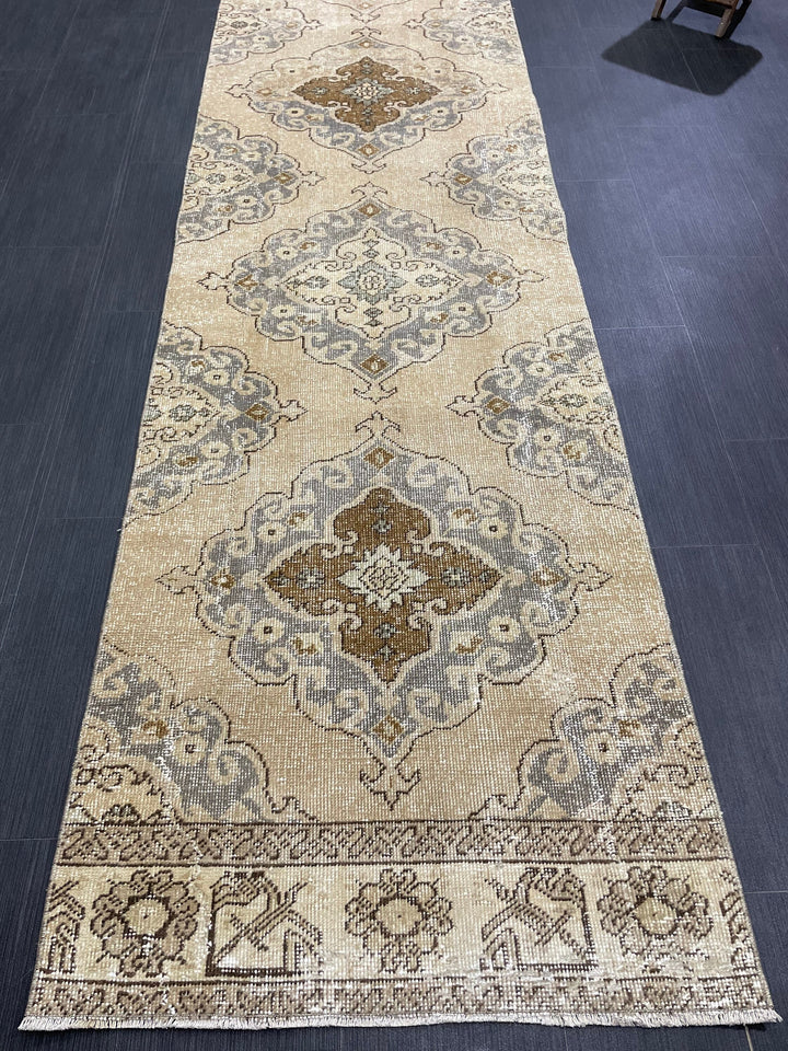 Beige Turkish Runner Rug 2' 9" x 13' 2" Hand-Knotted field