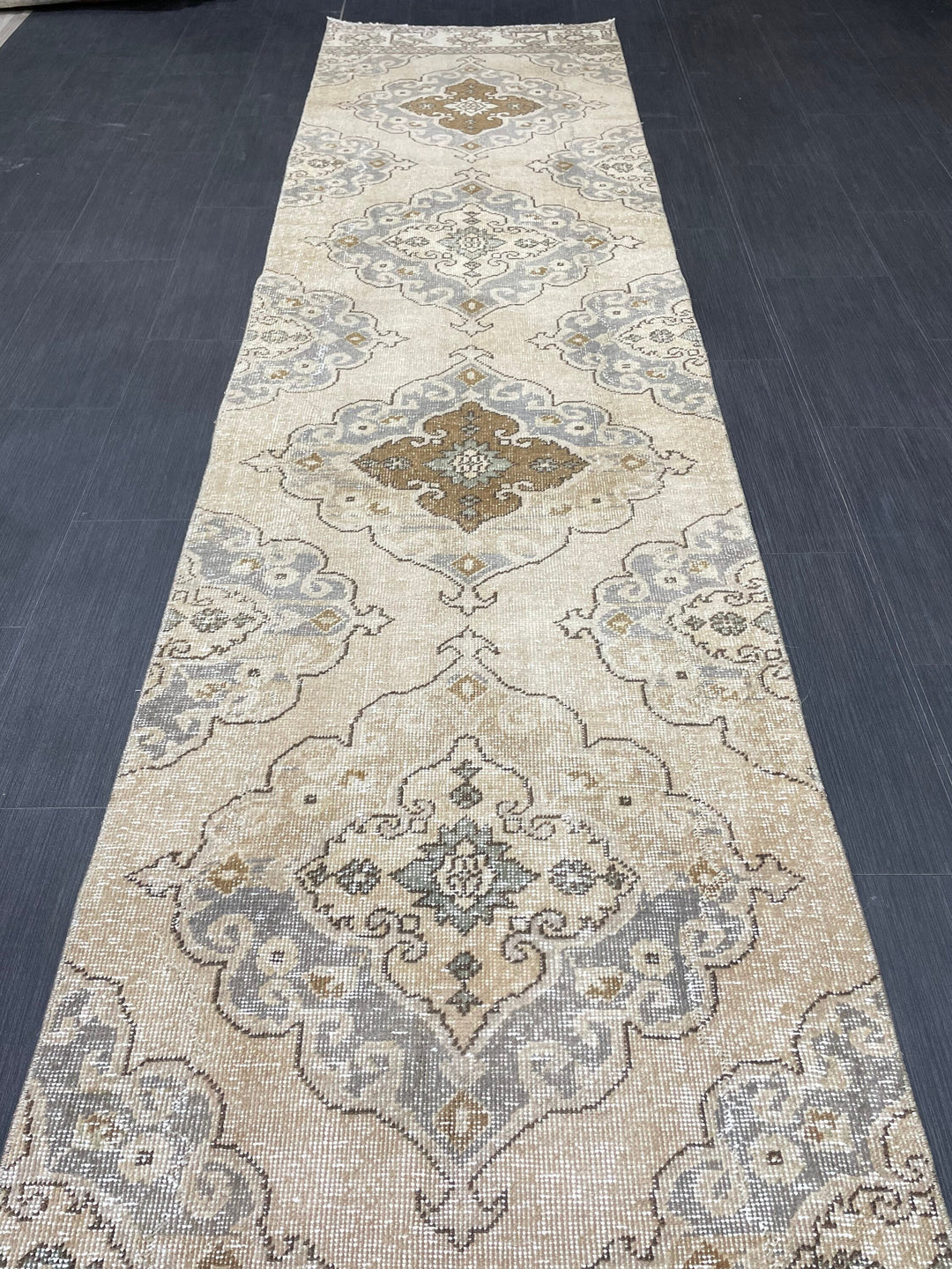 Beige Turkish Runner Rug 2' 9" x 13' 2" Hand-Knotted reverse