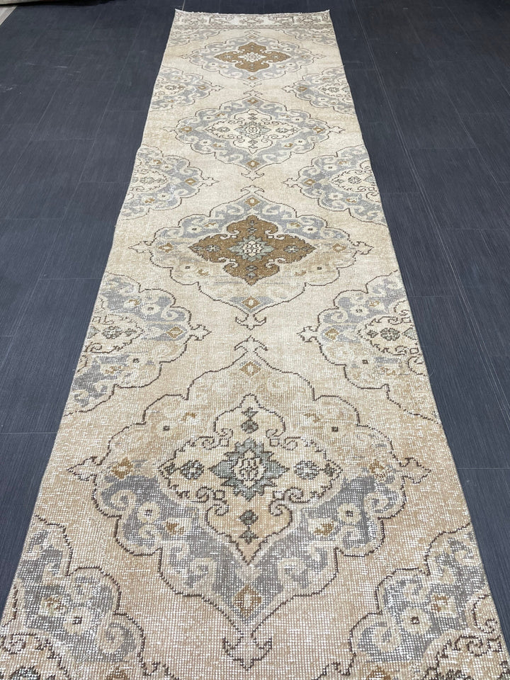 Beige Turkish Runner Rug 2' 9" x 13' 2" Hand-Knotted reverse