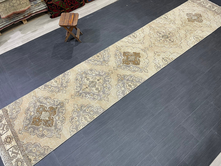 Beige Turkish Runner Rug 2' 9" x 13' 7" Hand-Knotted