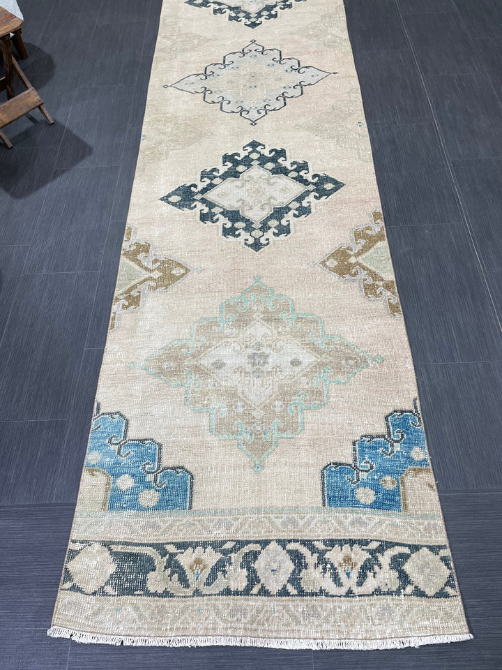 Beige Turkish Runner Rug 2' 9" x 13' 1" Hand-Knotted field