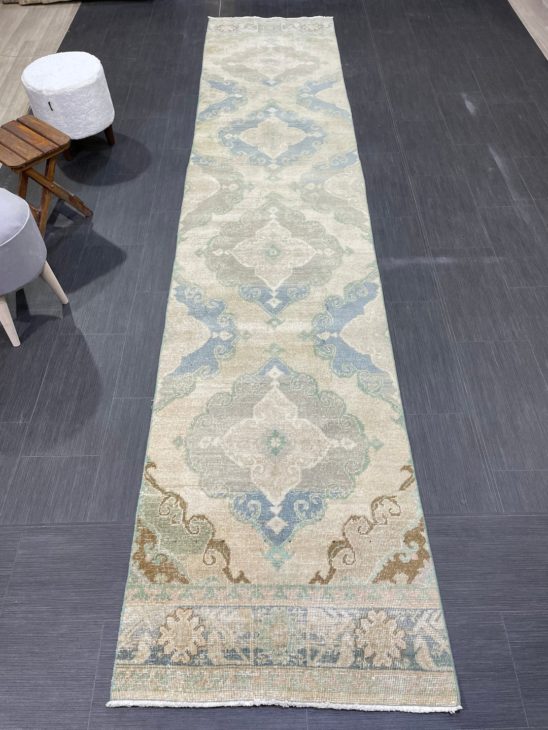 Beige Turkish Runner Rug 2' 8" x 12' 7" Hand-Knotted close-up