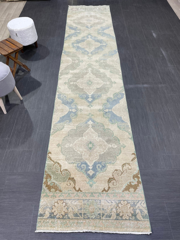 Beige Turkish Runner Rug 2' 8" x 12' 7" Hand-Knotted close-up