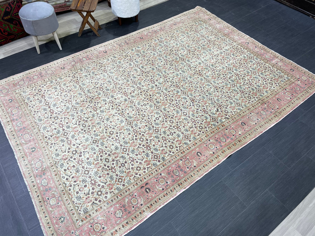 Beige Turkish Runner Rug 6' 4" x 9' 3" Hand-Knotted reverse