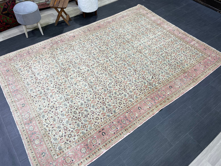Beige Turkish Runner Rug 6' 4" x 9' 3" Hand-Knotted reverse