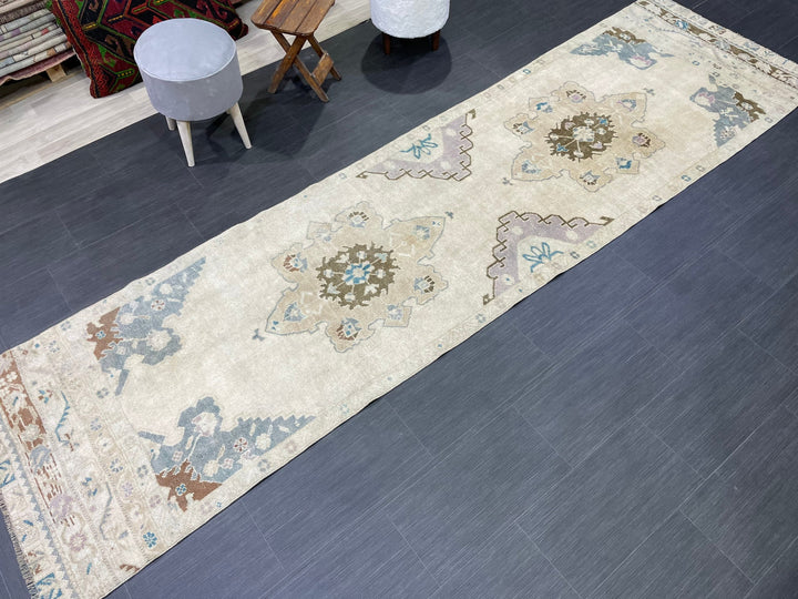 Beige Turkish Runner Rug 3' 1" x 11' 4" Hand-Knotted