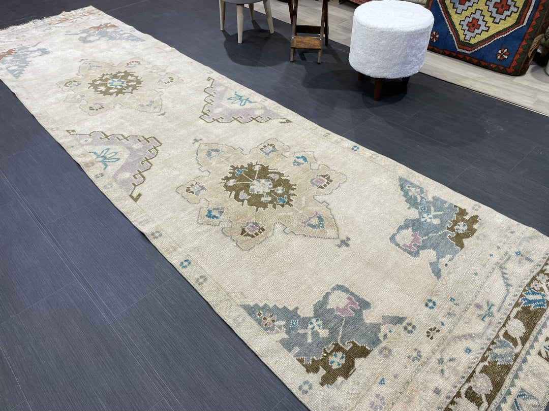 Beige Turkish Runner Rug 3' 1" x 11' 4" Hand-Knotted detail