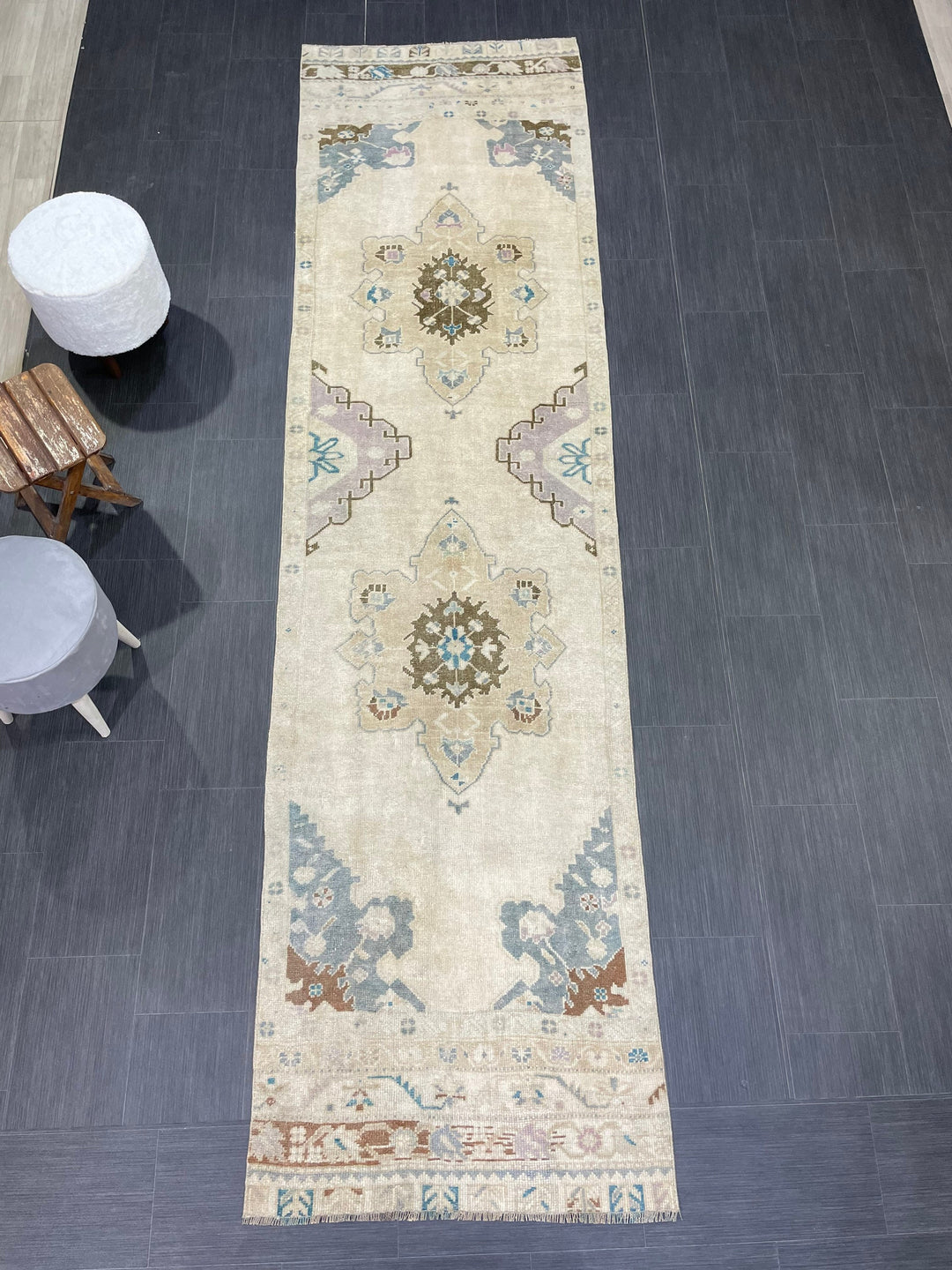 Beige Turkish Runner Rug 3' 1" x 11' 4" Hand-Knotted border