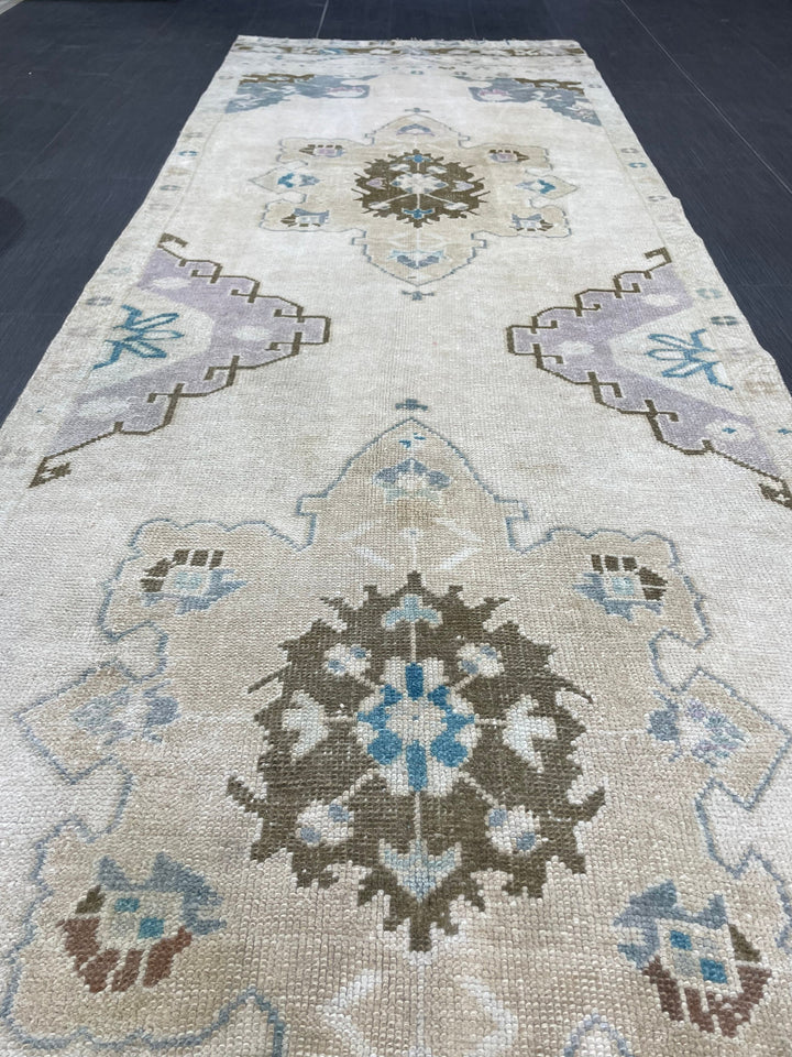 Beige Turkish Runner Rug 3' 1" x 11' 4" Hand-Knotted field