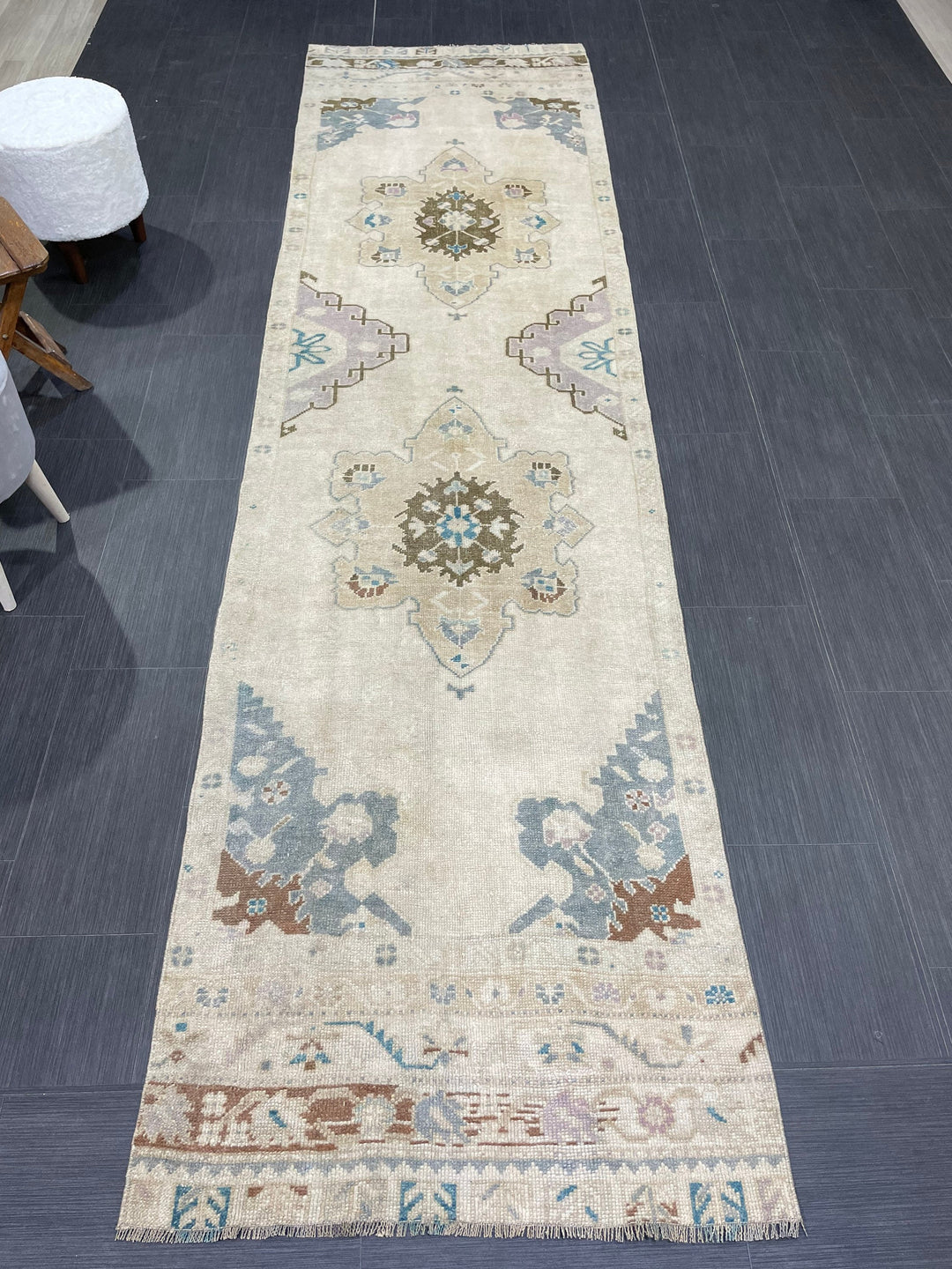 Beige Turkish Runner Rug 3' 1" x 11' 4" Hand-Knotted reverse