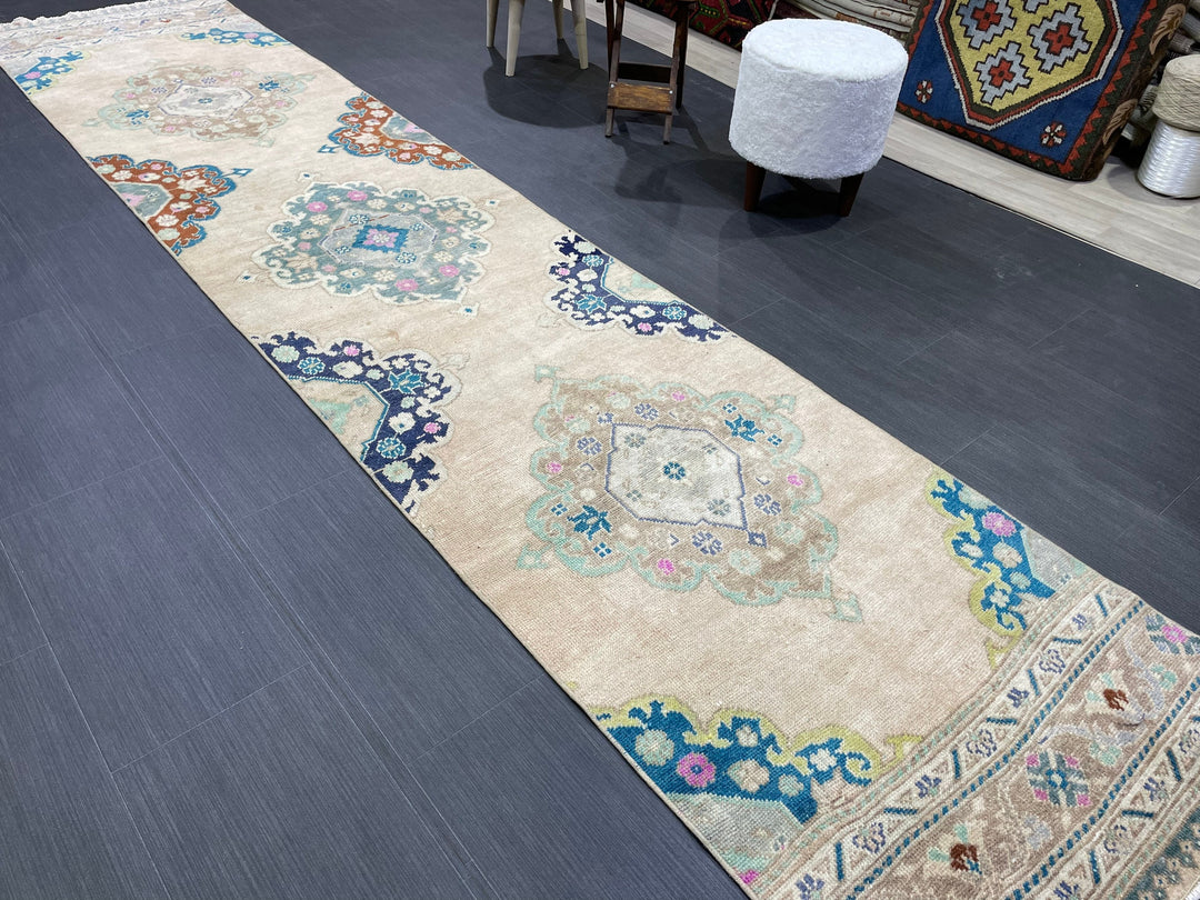 Beige Turkish Runner Rug 2' 6" x 11' 7" Hand-Knotted