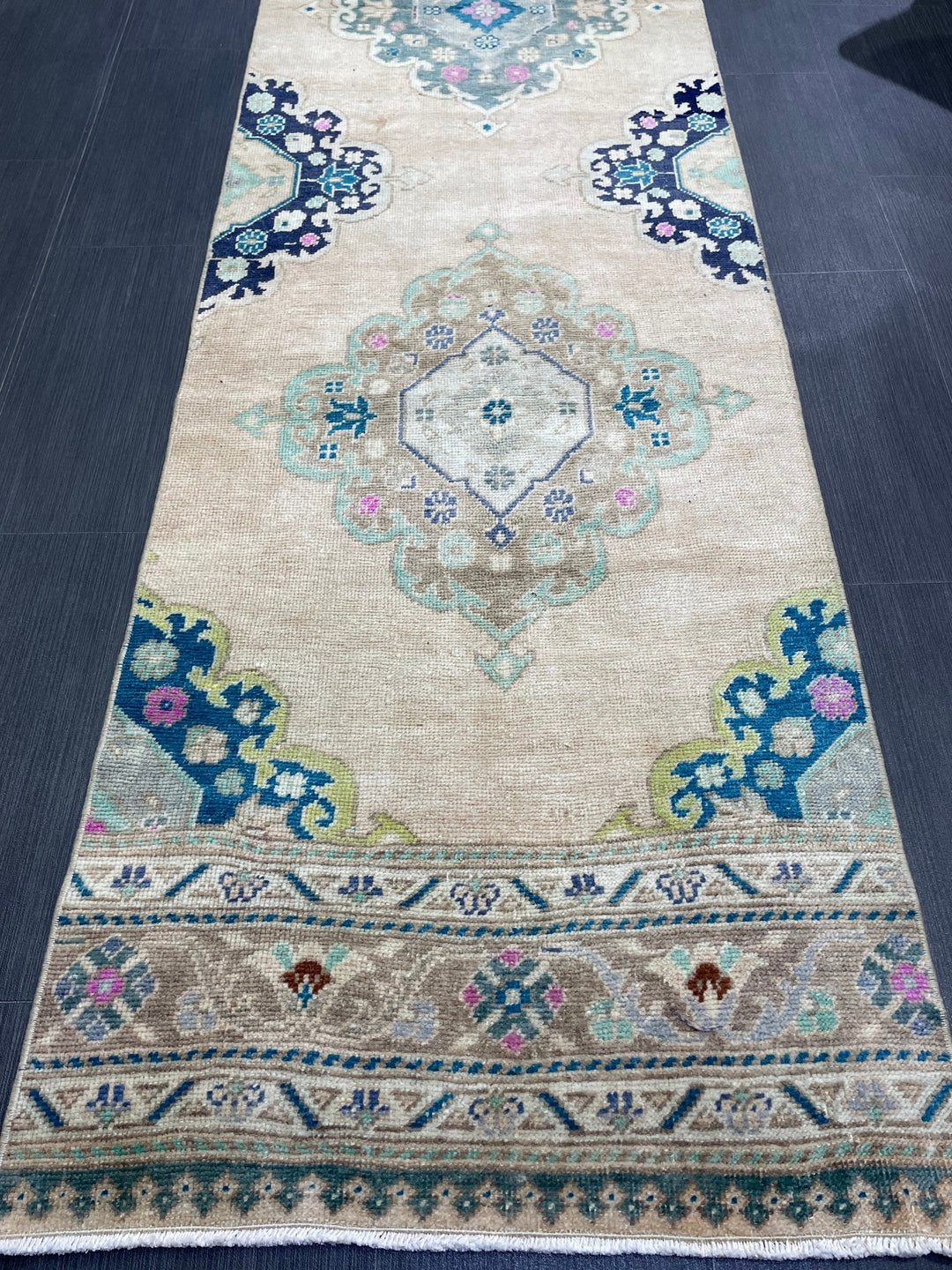 Beige Turkish Runner Rug 2' 6" x 11' 7" Hand-Knotted close-up