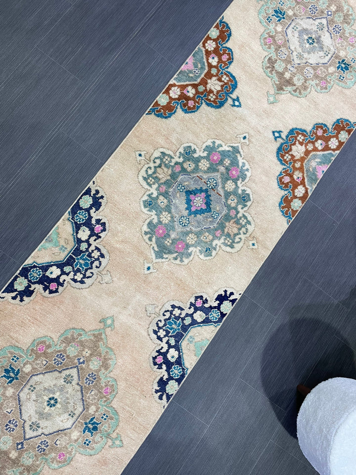 Beige Turkish Runner Rug 2' 6" x 11' 7" Hand-Knotted field