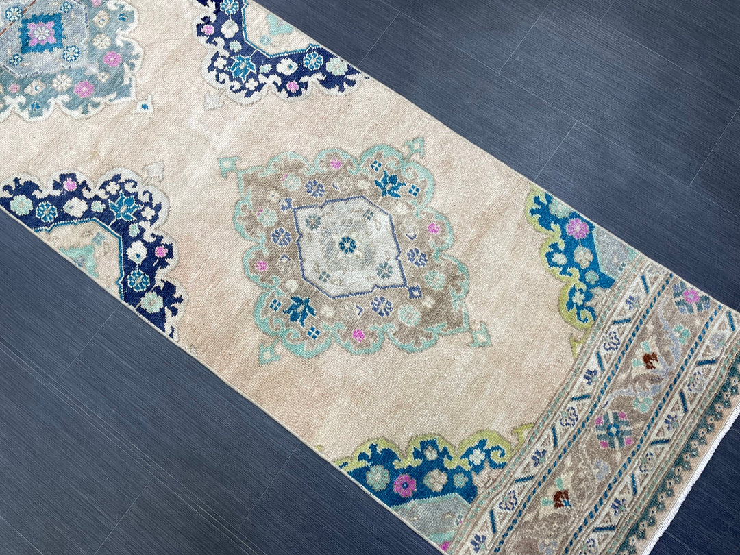 Beige Turkish Runner Rug 2' 6" x 11' 7" Hand-Knotted texture