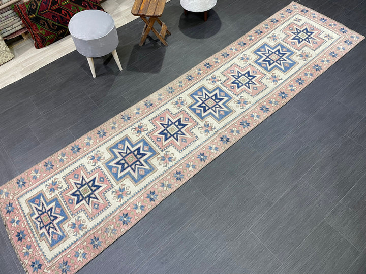 Beige Turkish Distressed Runner Rug 2' 7" x 10' 4" Hand-Knotted | No. WR66301