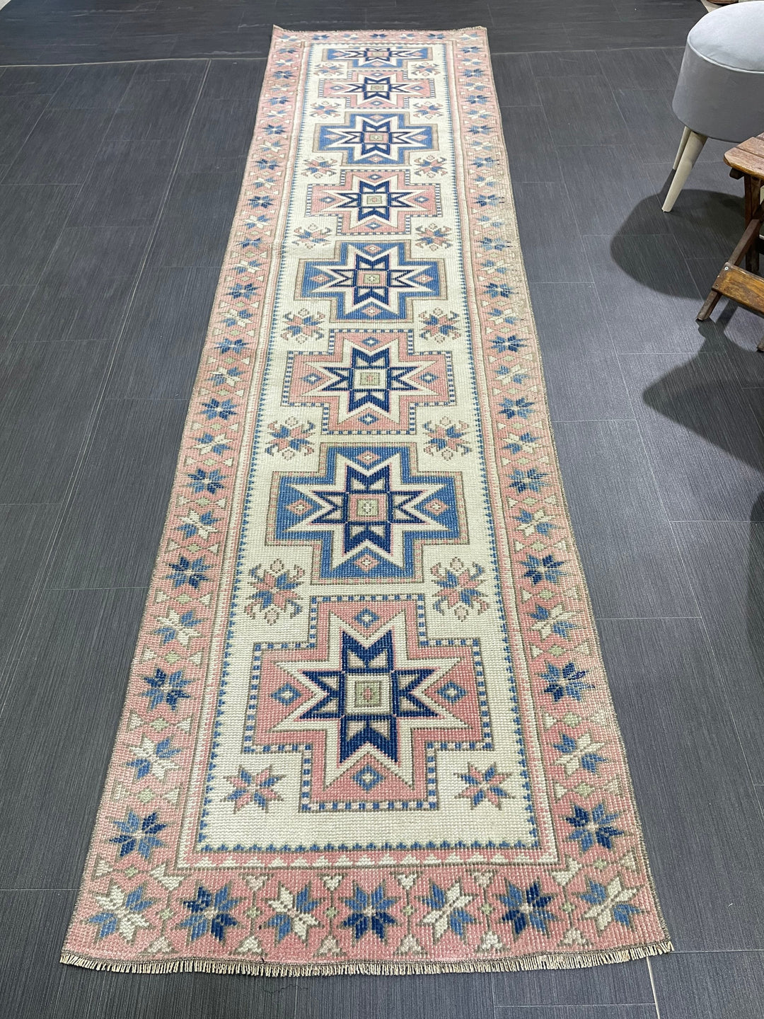 Beige Turkish Distressed Runner Rug 2' 7" x 10' 4" Hand-Knotted | No. WR66301