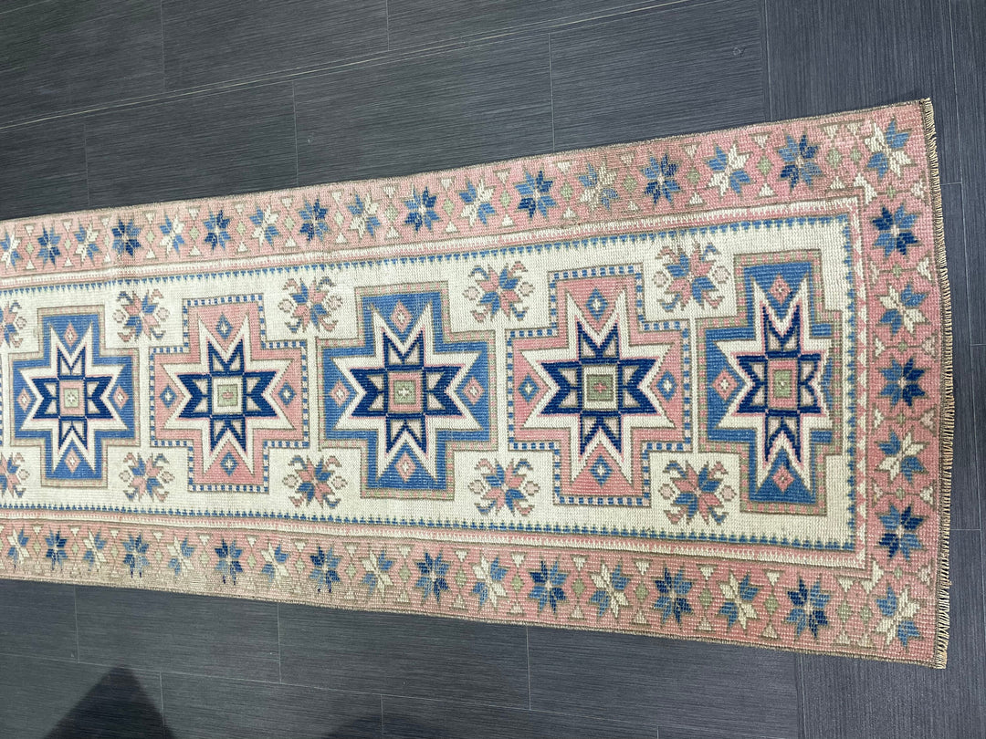 Beige Turkish Distressed Runner Rug 2' 7" x 10' 4" Hand-Knotted | No. WR66301