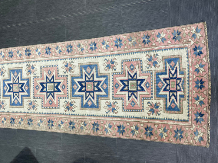 Beige Turkish Distressed Runner Rug 2' 7" x 10' 4" Hand-Knotted | No. WR66301