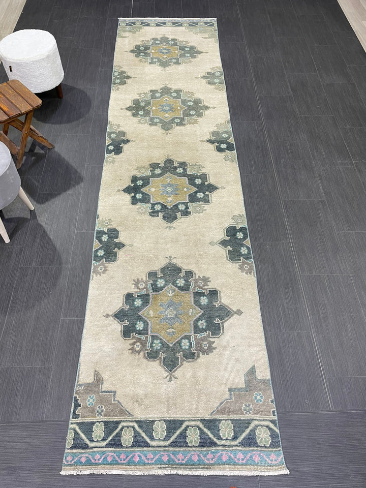 Green Turkish Runner Rug 2' 9" x 11' 1" Hand-Knotted | No. WR31107