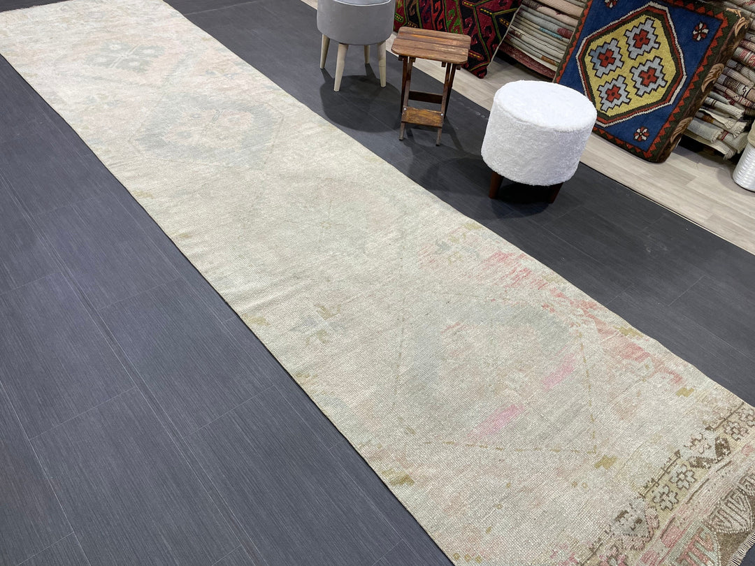 Beige Turkish Runner Rug 3' 1" x 12' 6" Hand-Knotted