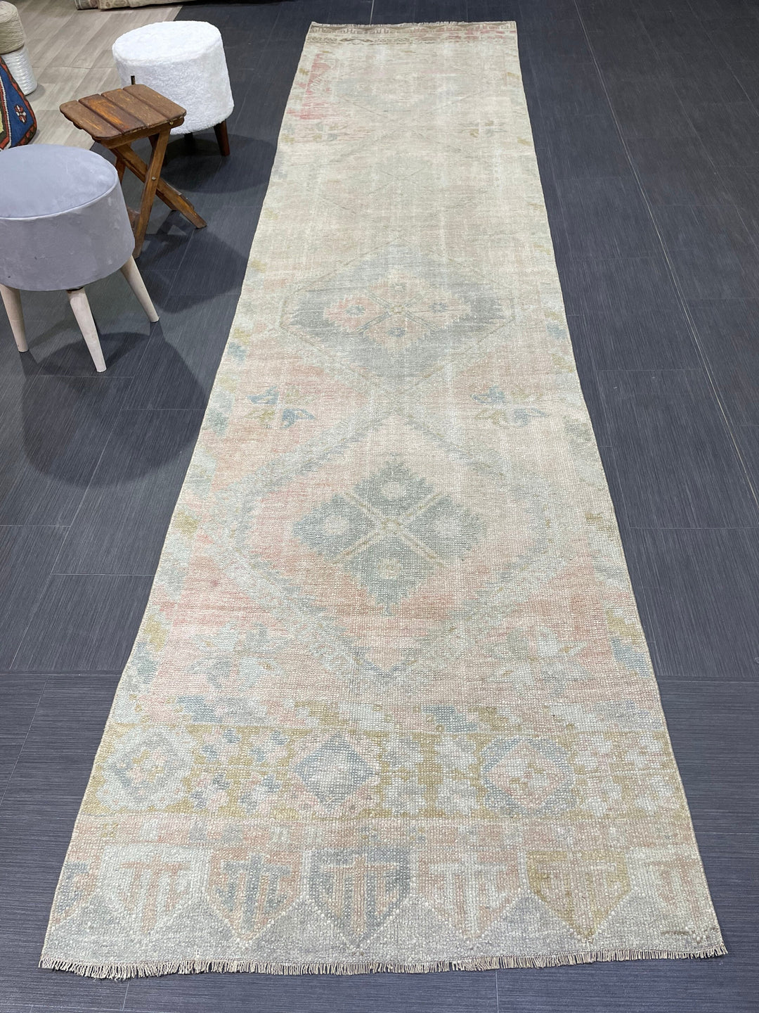 Beige Turkish Runner Rug 3' 1" x 12' 6" Hand-Knotted detail