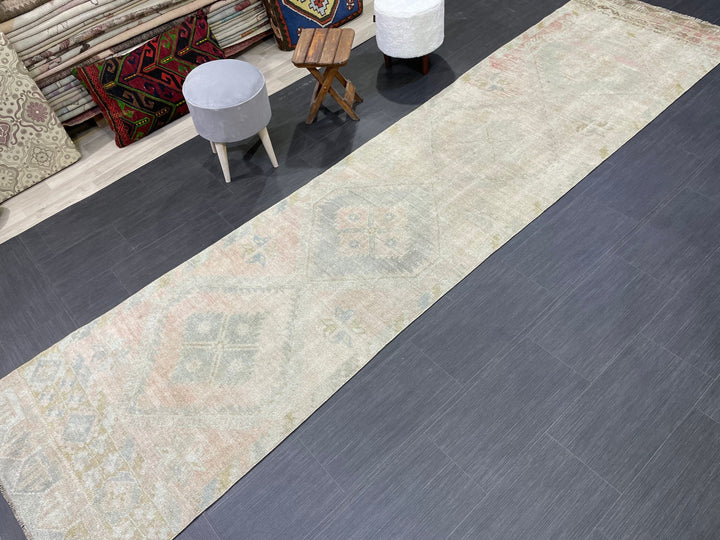 Beige Turkish Runner Rug 3' 1" x 12' 6" Hand-Knotted pattern