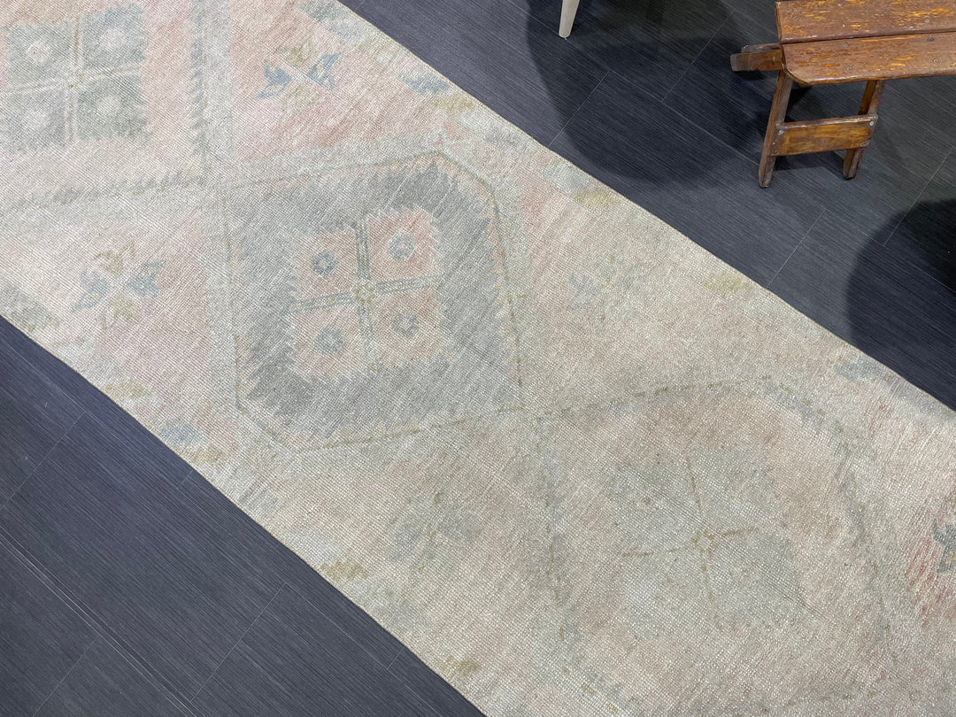 Beige Turkish Runner Rug 3' 1" x 12' 6" Hand-Knotted close-up