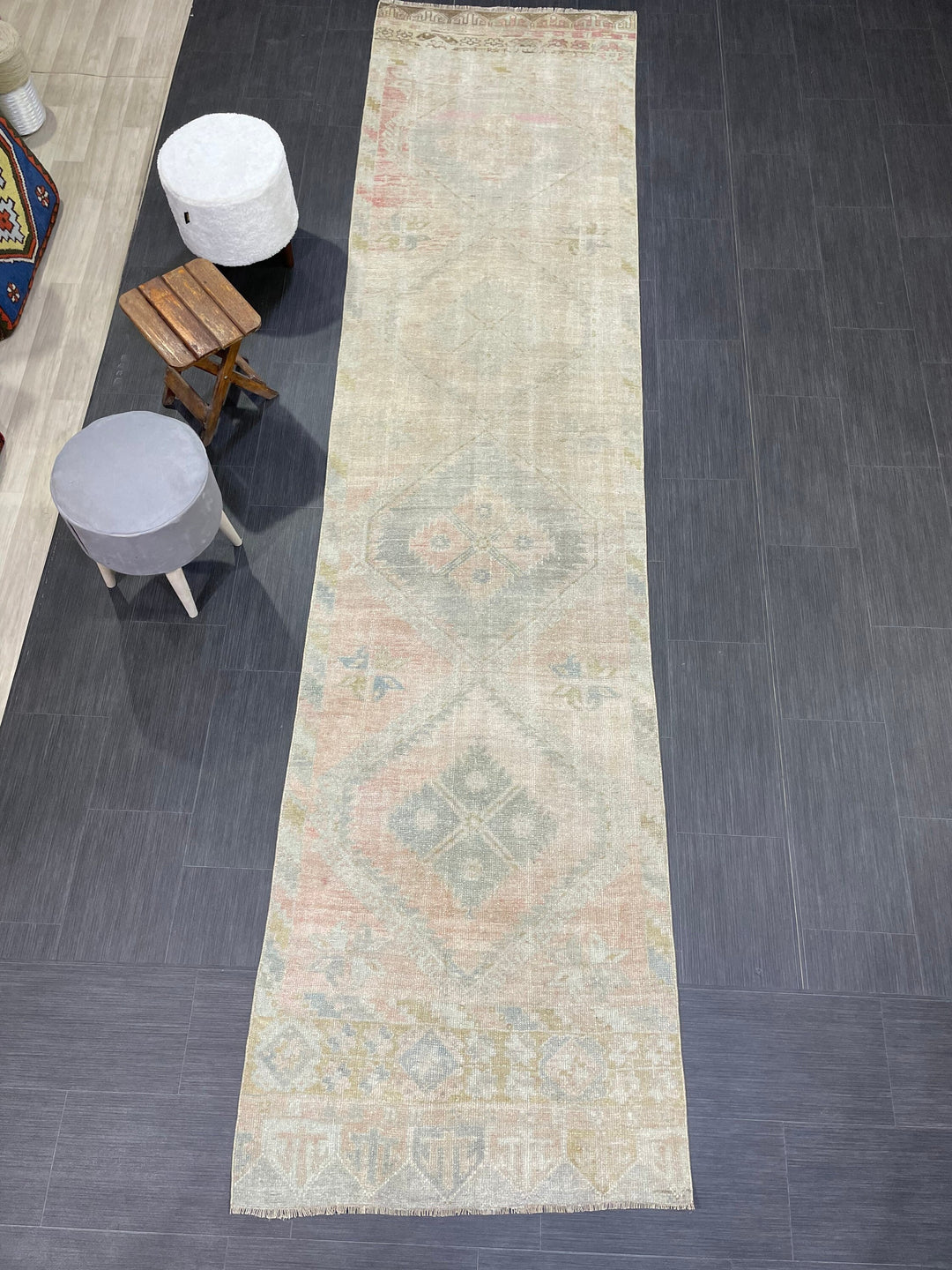 Beige Turkish Runner Rug 3' 1" x 12' 6" Hand-Knotted texture