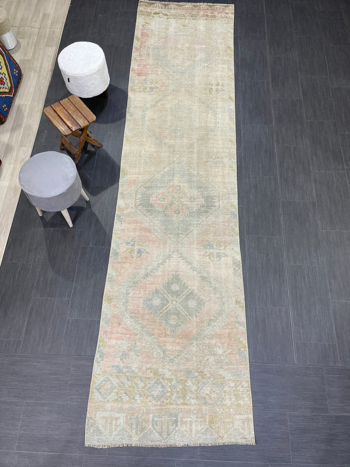 Beige Turkish Runner Rug 3' 1" x 12' 6" Hand-Knotted texture