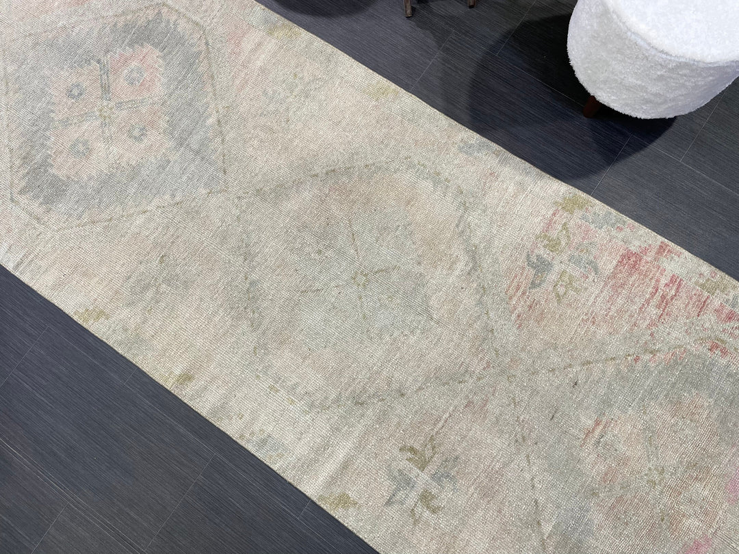 Beige Turkish Runner Rug 3' 1" x 12' 6" Hand-Knotted reverse