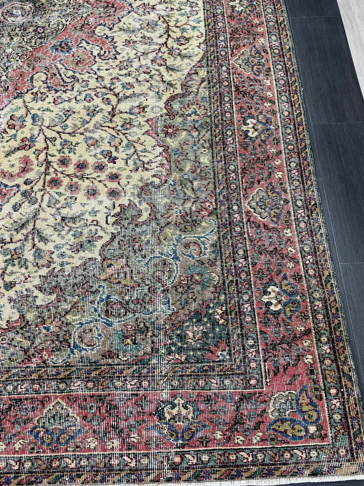 Tan Turkish Oushak Rug 7' x 10' 5" Hand-Knotted detail