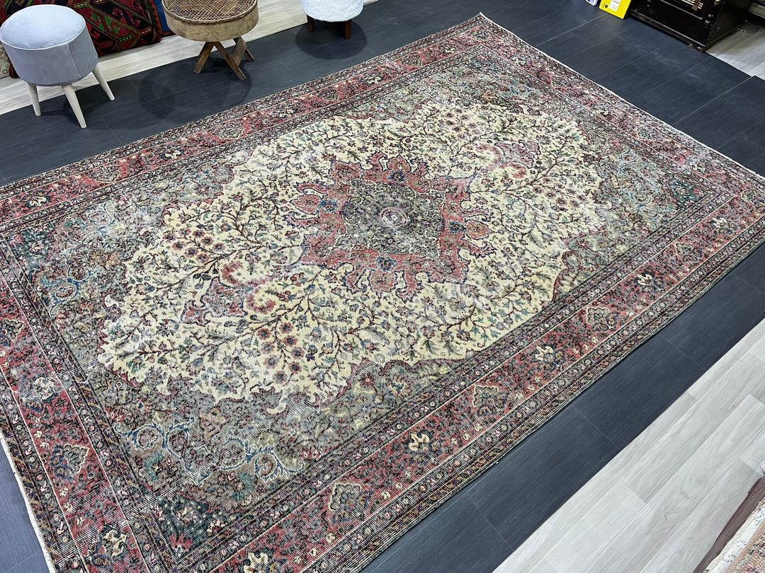 Tan Turkish Oushak Rug 7' x 10' 5" Hand-Knotted field