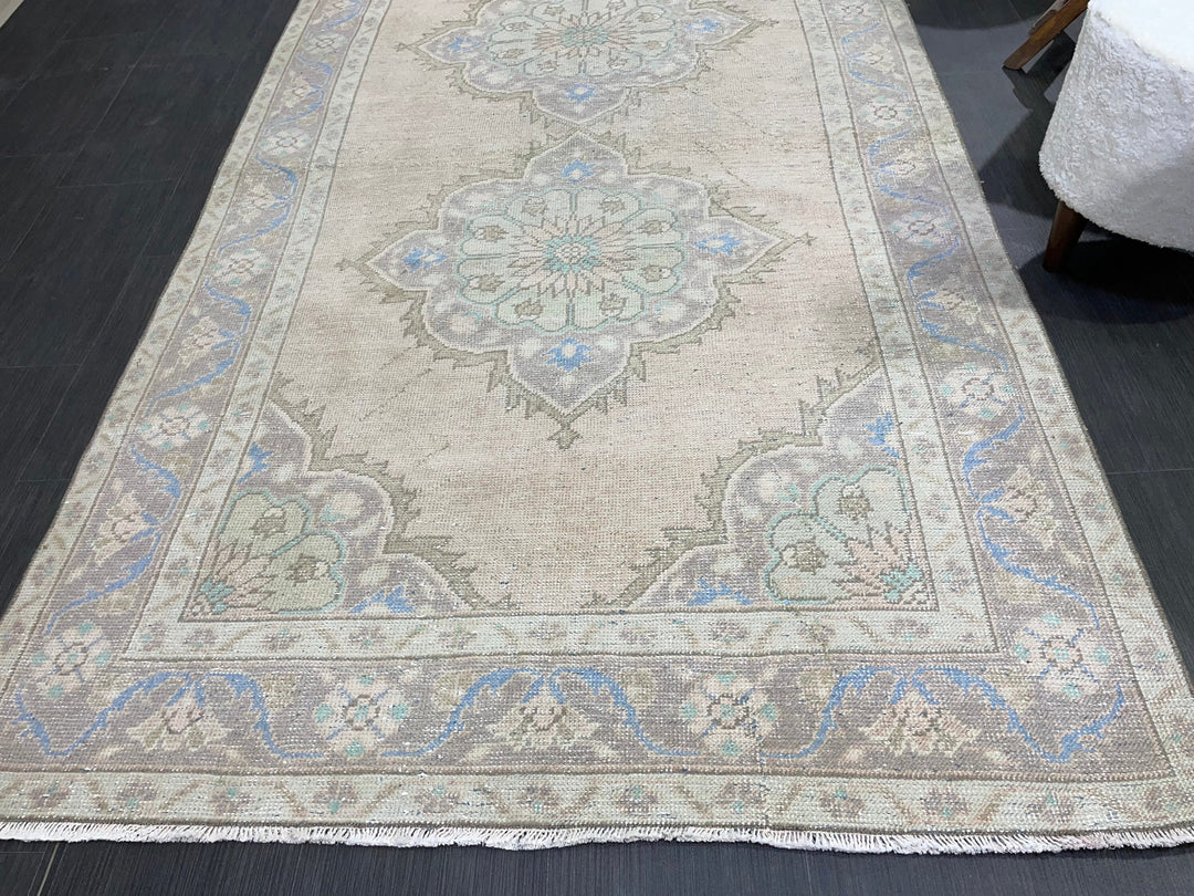 Beige Turkish Runner Rug 4' 5" x 11' 3" Hand-Knotted close-up